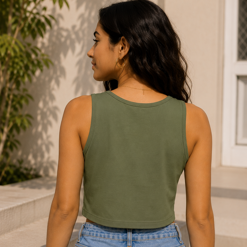 Woman wearing a green tank top and blue jeans standing outdoors.