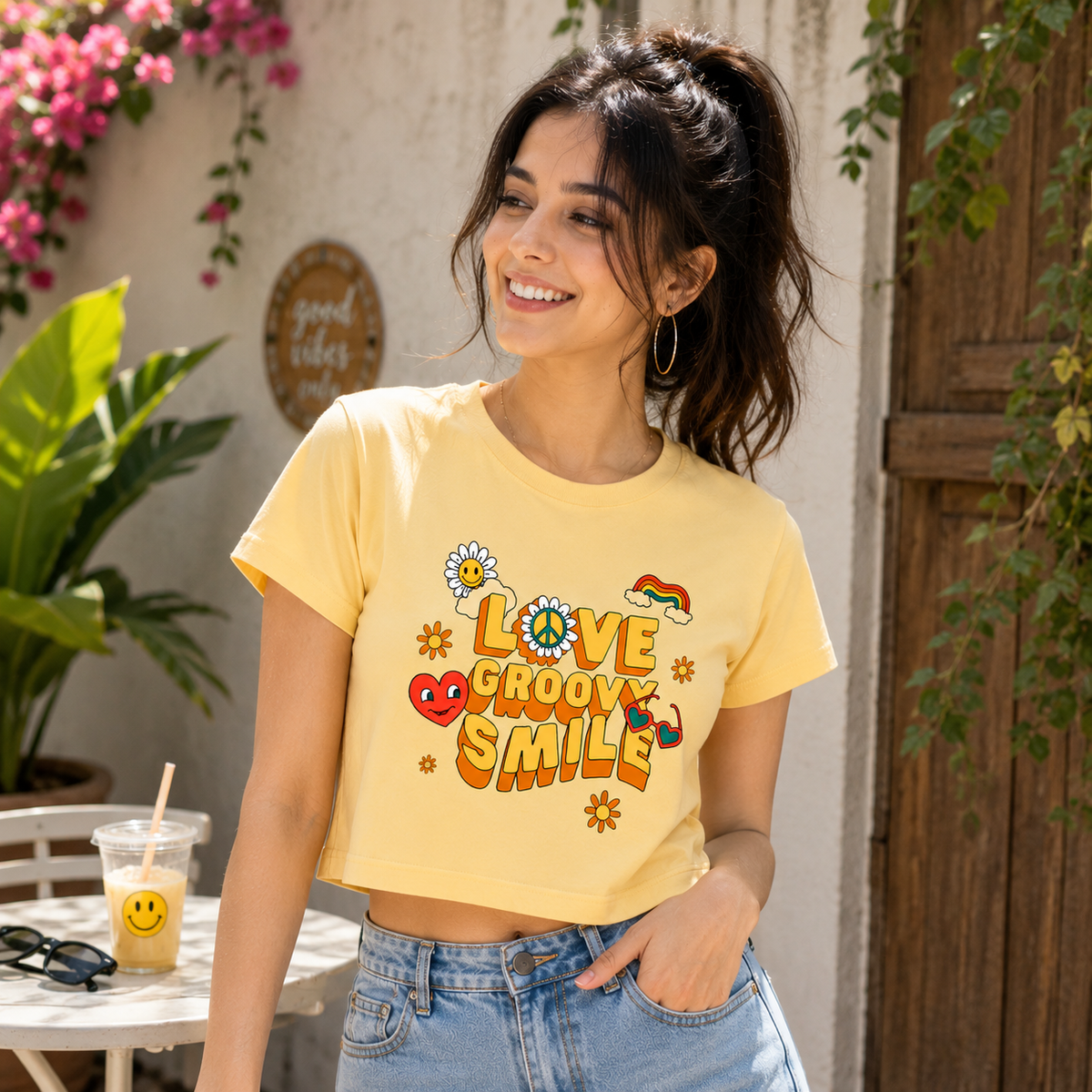Love Groovy Smile Crop Tee | Women's Retro Graphic Crop Top