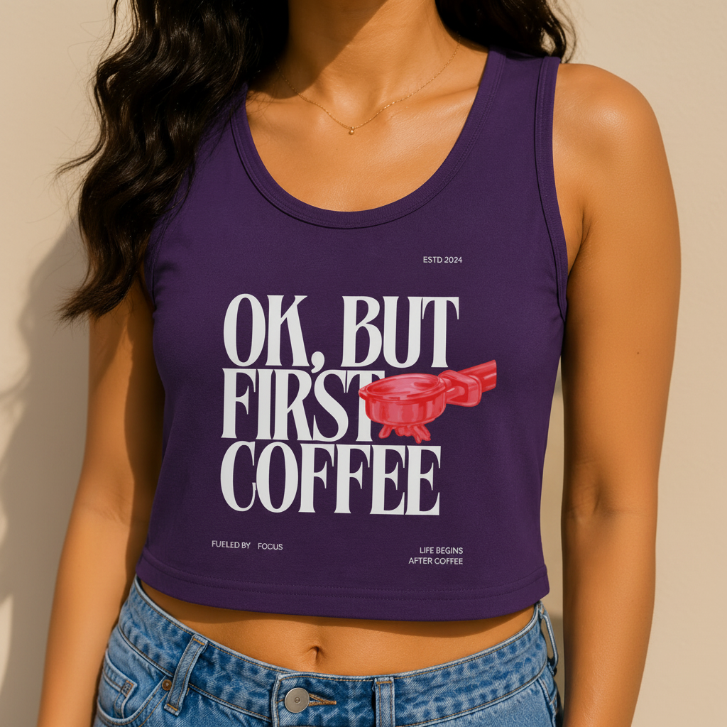 OK But First Coffee Purple Crop Tank | Women's Graphic Crop Top