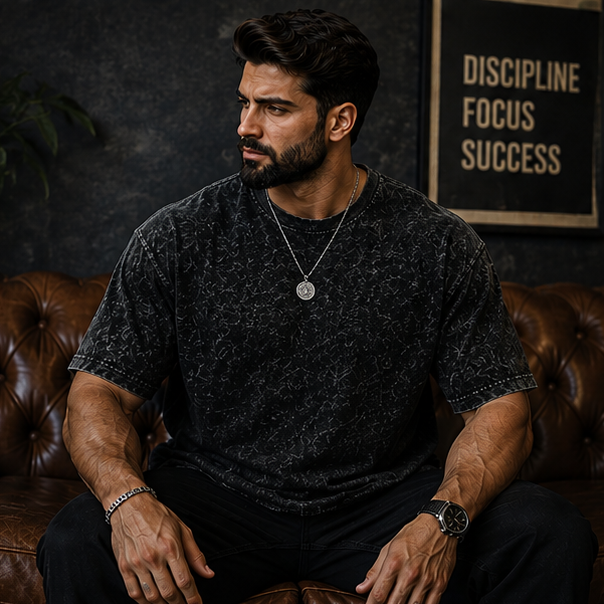 Man sitting on a leather couch wearing a dark t-shirt with motivational quote in the background