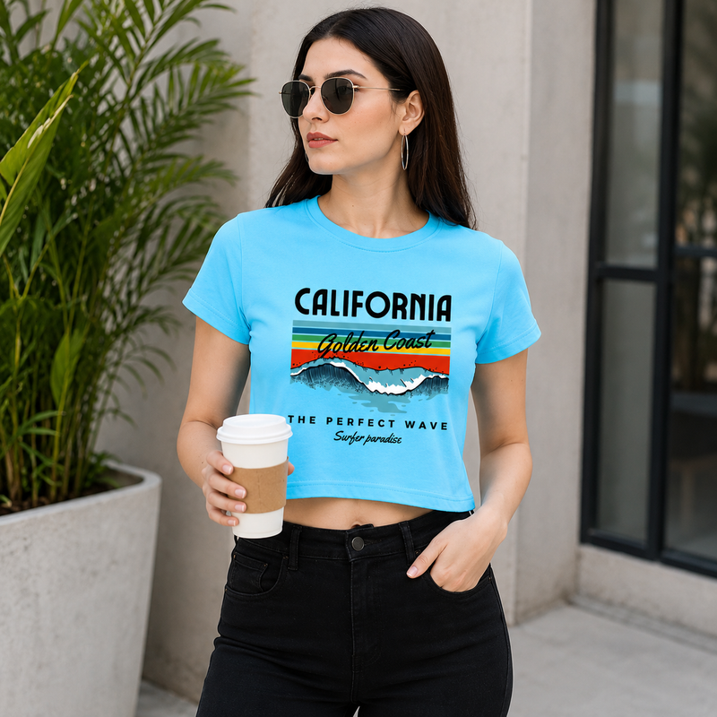 California Golden Coast Crop Tee | Women's Blue Beach Graphic Top