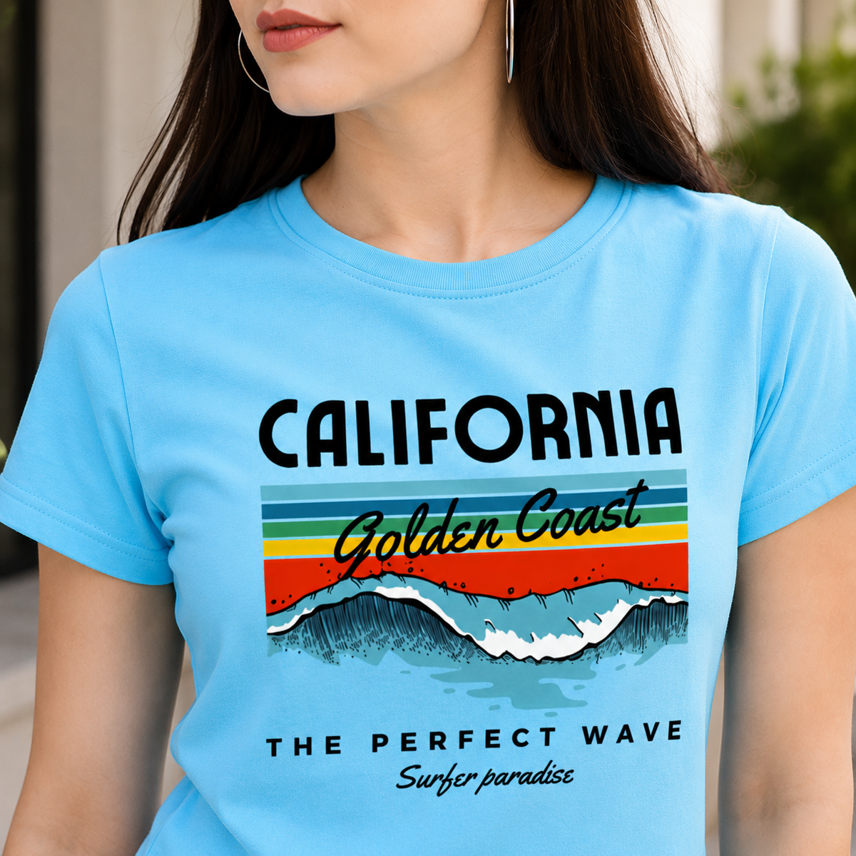 California Golden Coast Crop Tee | Women's Blue Beach Graphic Top