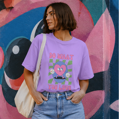 Collage of a woman wearing a purple t-shirt with a graphic design in various settings.