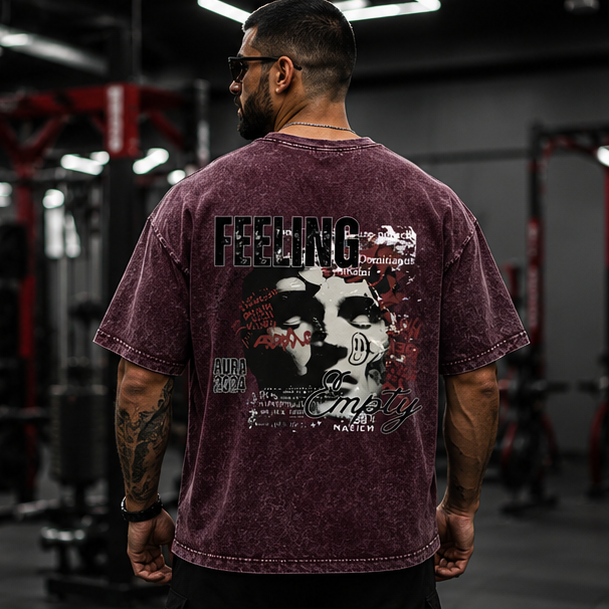 Man wearing a maroon t-shirt with graphic design on the back, shown from front and back views in different settings.