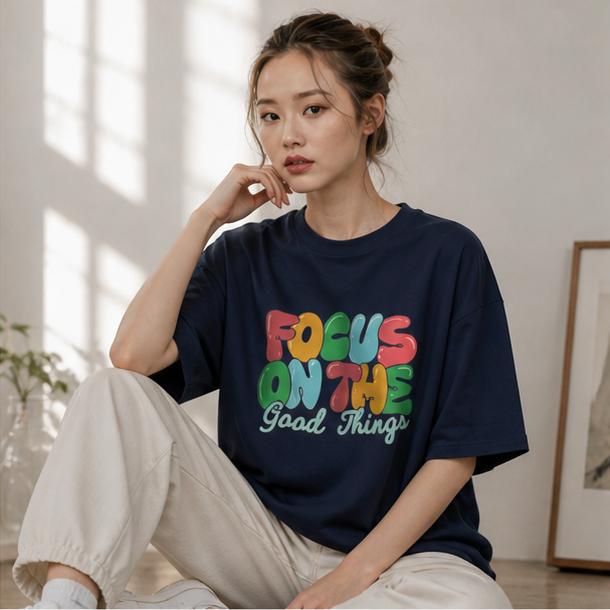 Focus On The Good Things Navy Oversized Tee | Women's Graphic Tee