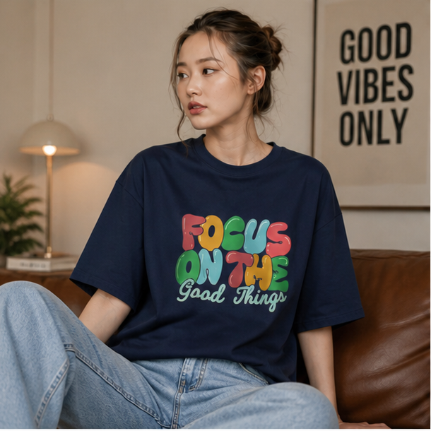 Focus On The Good Things Oversized T-Shirt | Women's Positive Vibes Navy Tee