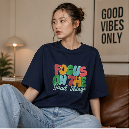 Focus On The Good Things Oversized T-Shirt | Women's Positive Vibes Navy Tee
