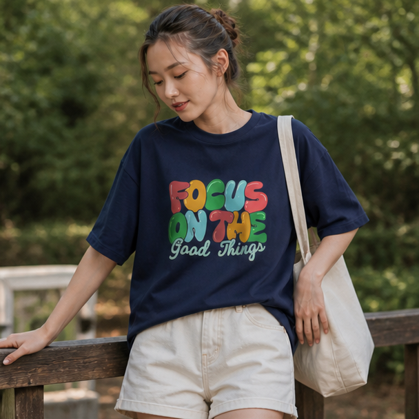 Focus On The Good Things Navy Oversized Tee | Women's Graphic Tee