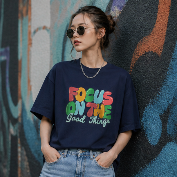 Focus On The Good Things Navy Oversized Tee | Women's Graphic Tee