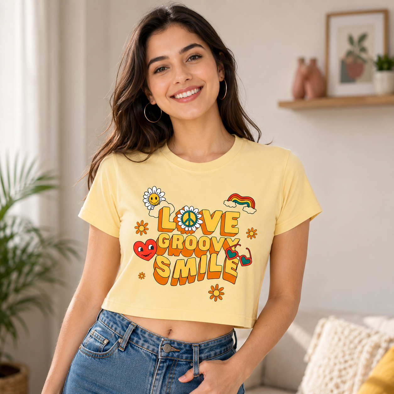 Love Groovy Smile Women's Crop Tee | Retro Graphic Crop Top