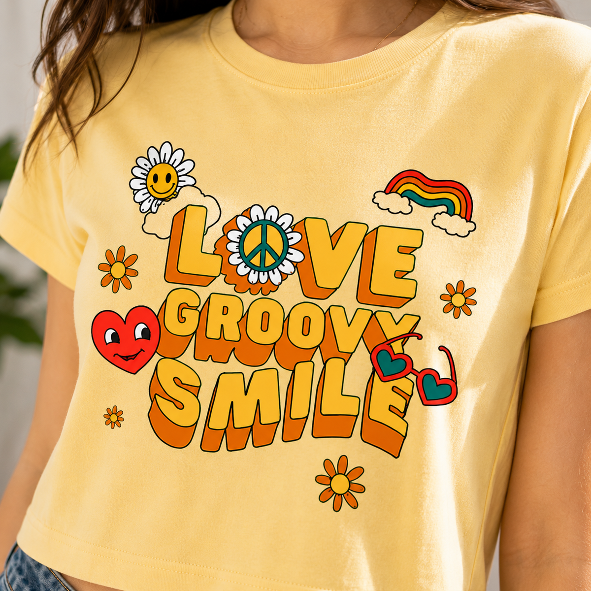 Love Groovy Smile Crop Tee | Women's Retro Graphic Crop Top