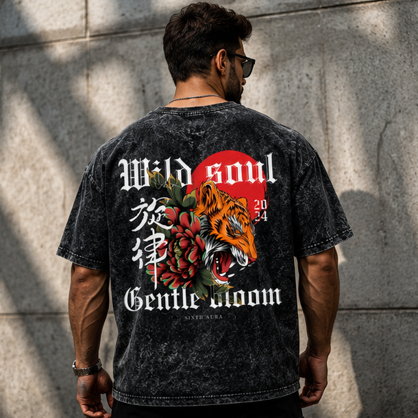 Tiger Bloom Acid Wash Oversized T-Shirt | Graphic Streetwear Tee