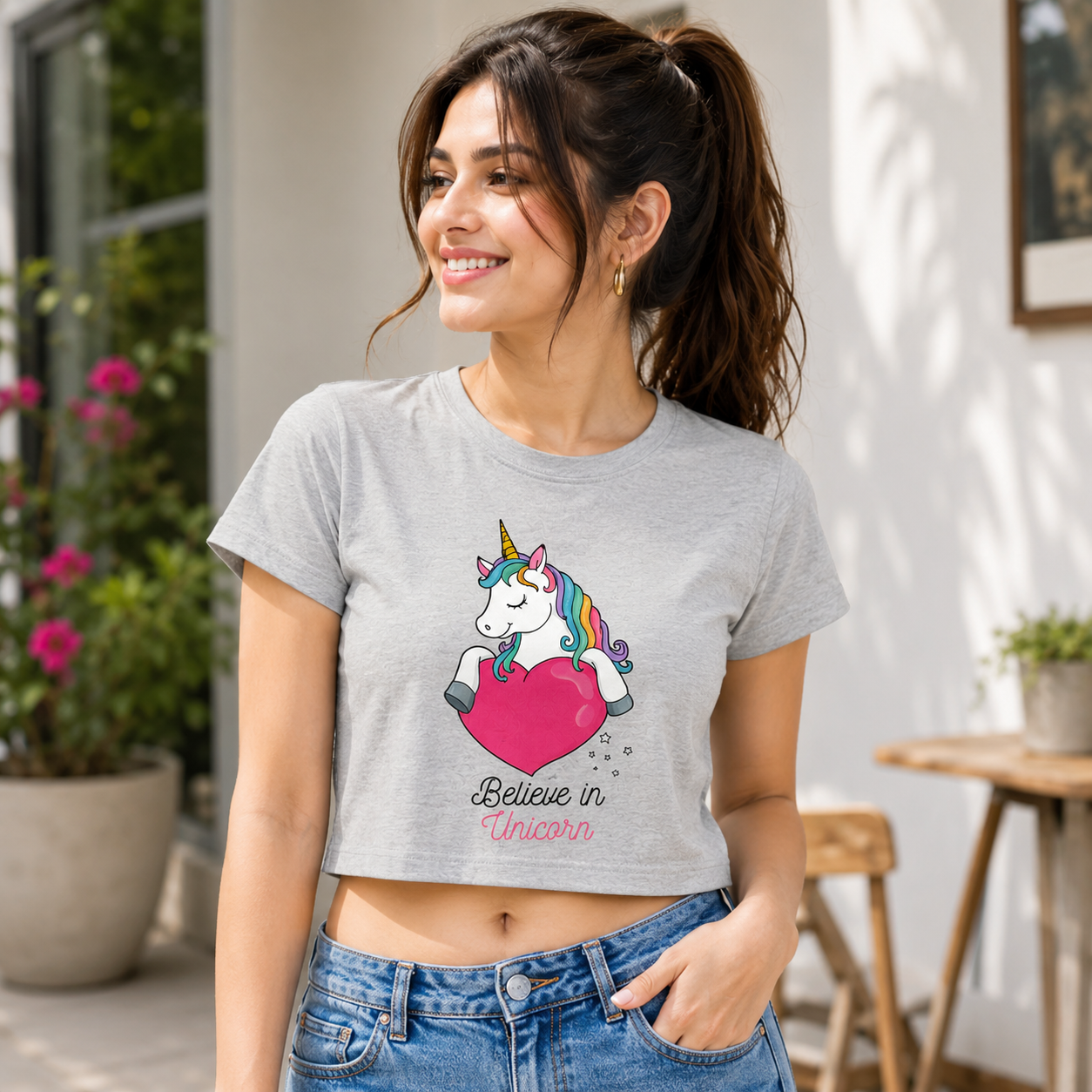Believe in Unicorns Women's Crop Tee | Cute Unicorn Crop Top